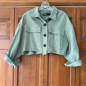 Zara Cropped Button-Front Jean Jacket in Sage